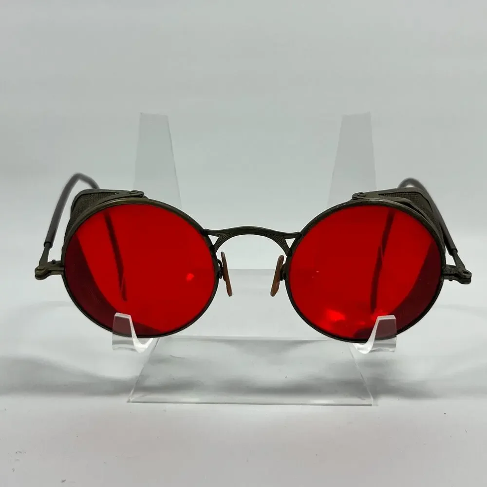 WELSH Safety Goggles WWII Sunglasses Red Lenses Metal Mesh Sides Steampunk VTG